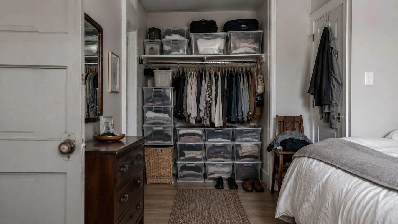 Clothing & wardrobe overflow in a older rental with limited storage closet interior using stackable clear storage boxes