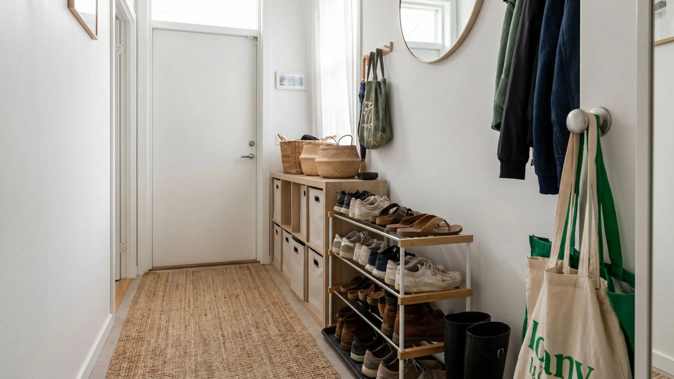 Shoe organization system in a compact 1-bedroom apartment entryway / hallway using tiered shoe rack
