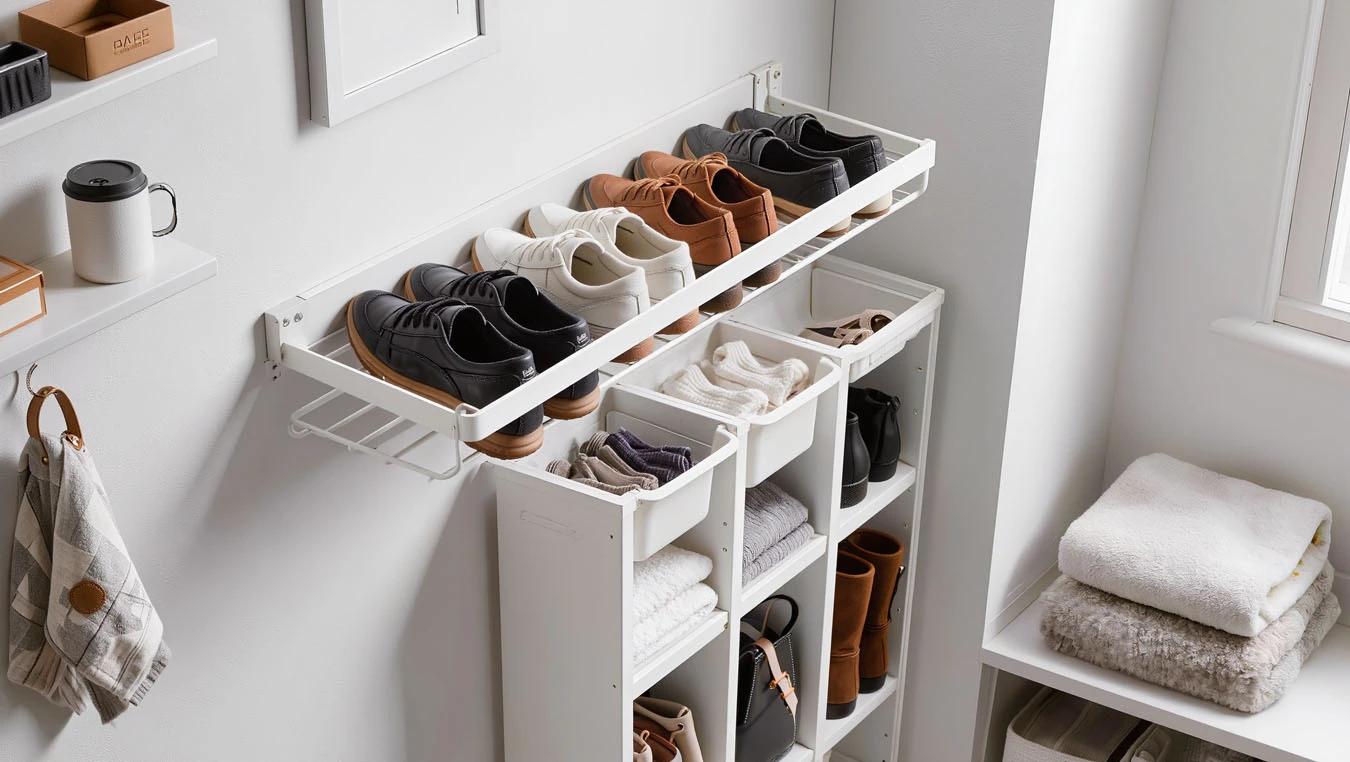 Shoe organization system in a small studio apartment closet interior using over-the-door rack