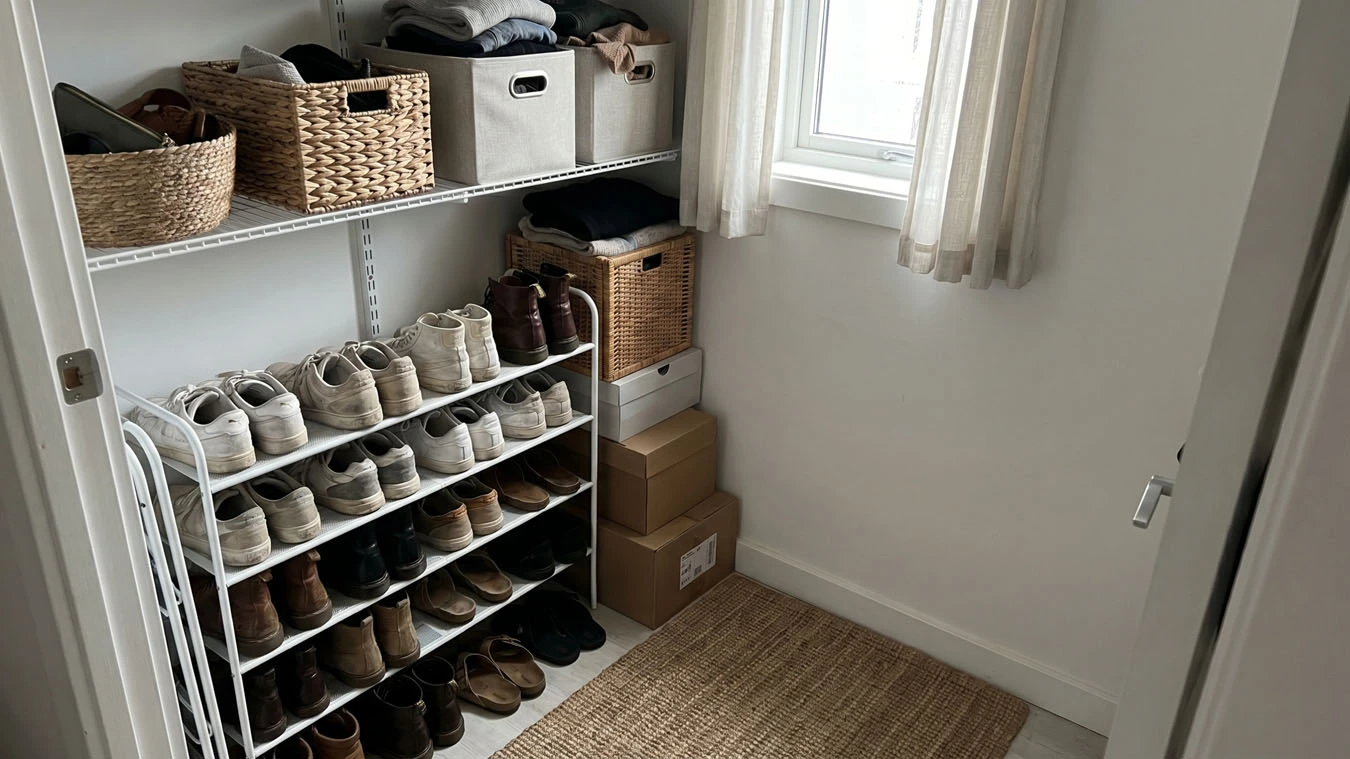 Shoe organization system in a average 1-bedroom rental open closet / wardrobe wall using tiered shoe rack
