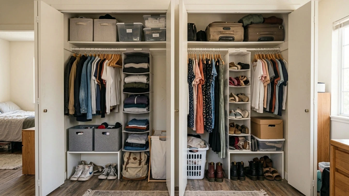Shoes and accessories in a small apartment closet using vertical rack