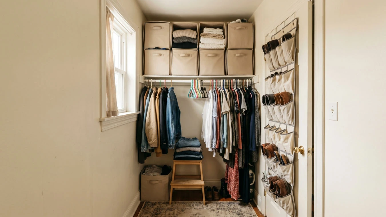 Clothing & wardrobe overflow in a older rental with limited storage closet interior using closet top-shelf storage bins