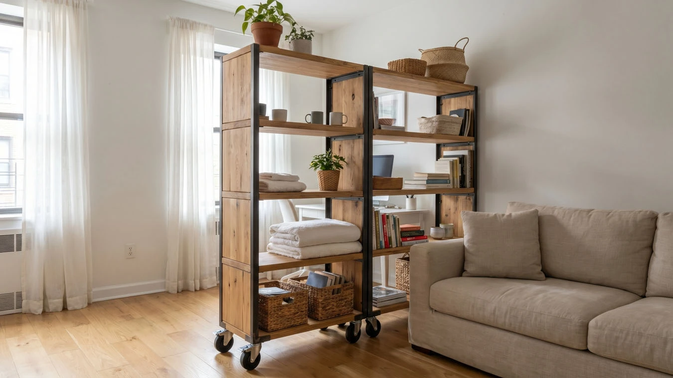 Room divider + storage in a open-concept small apartment multi-use room divider using rolling modular storage units