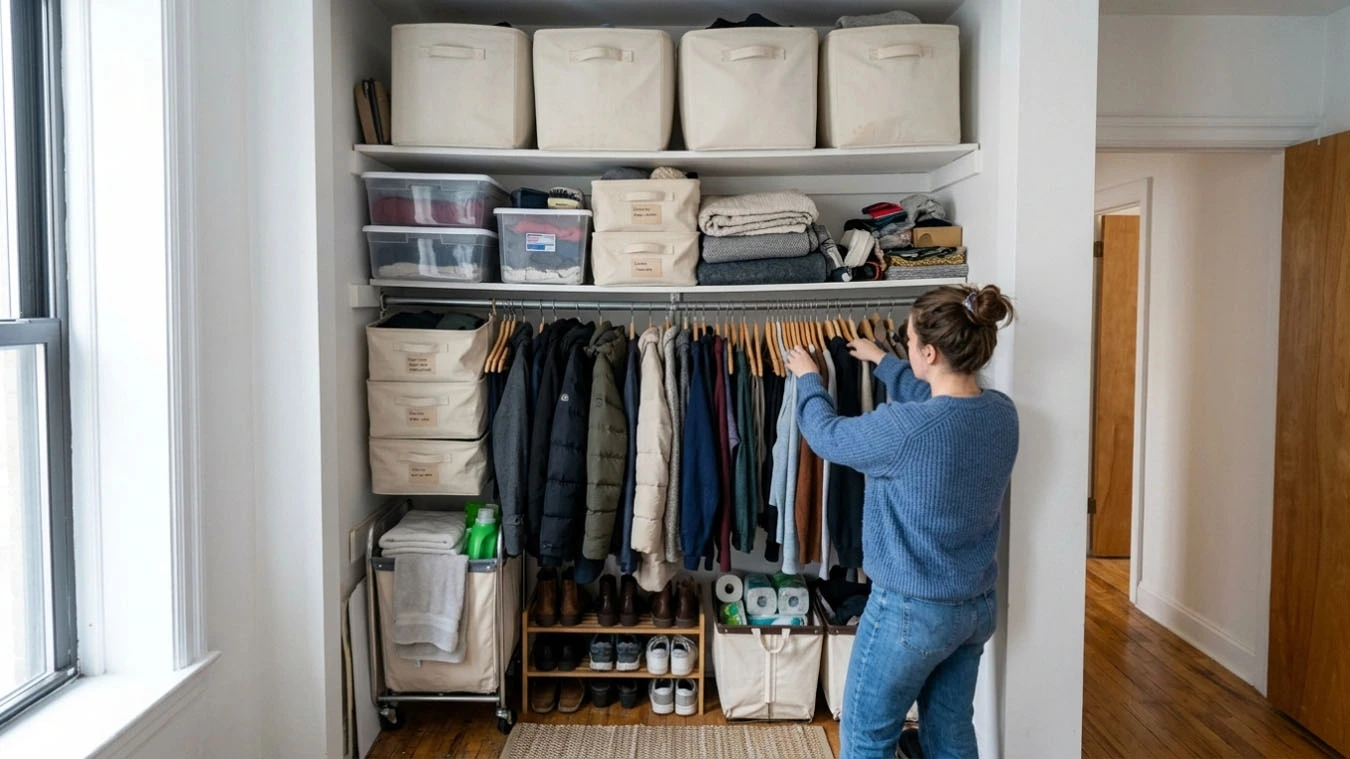 Seasonal & bulk storage in a narrow railroad-style apartment closet interior using closet top-shelf storage bins