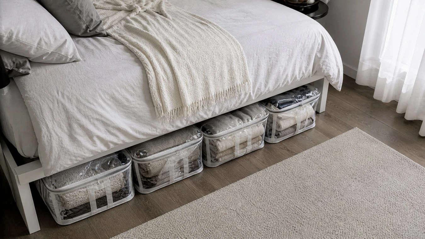 Seasonal & bulk storage in a compact 1-bedroom apartment under-bed using fabric under-bed storage bags