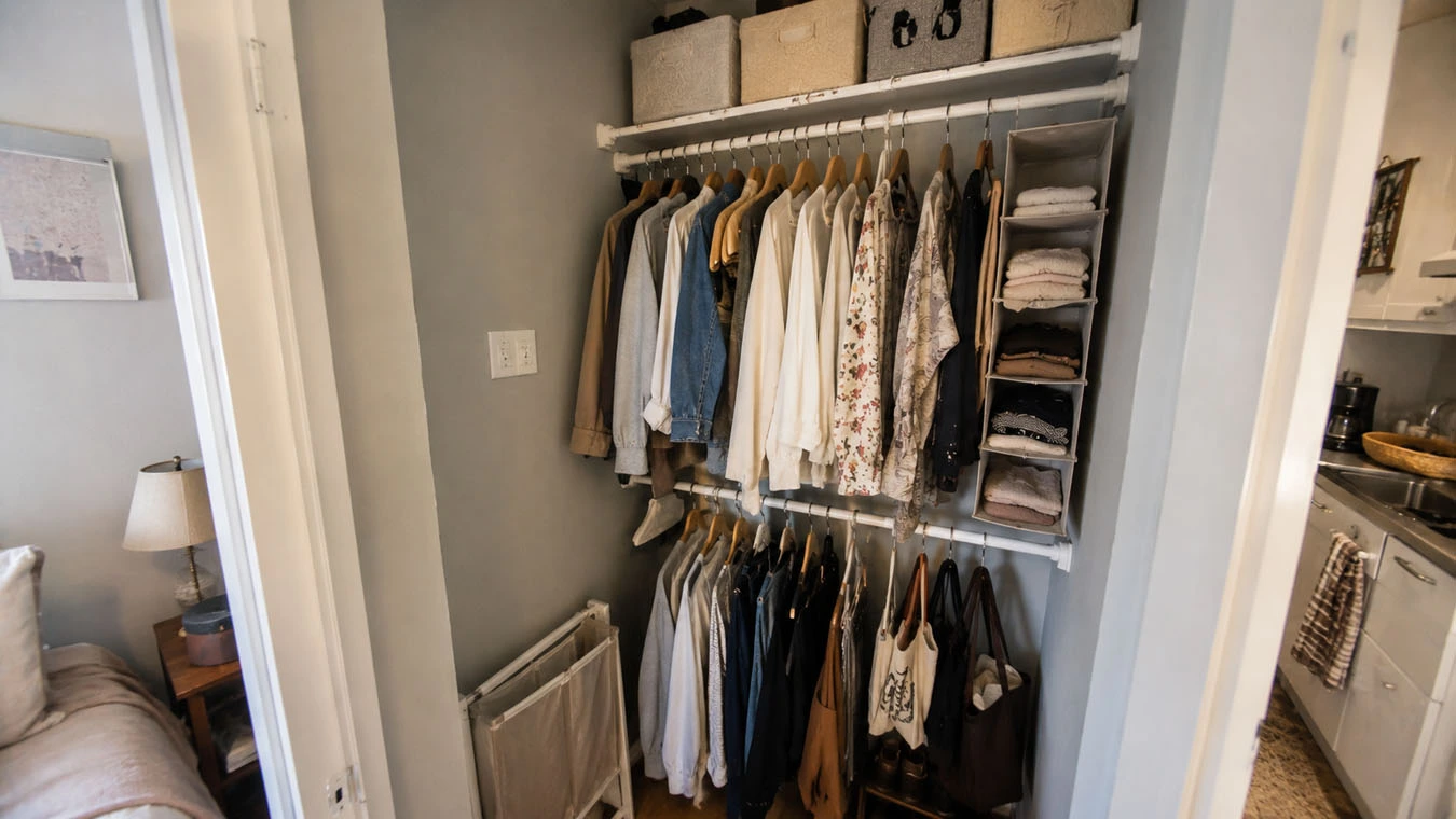 Vertical hanging storage in a older rental with limited storage closet interior using expandable closet rods