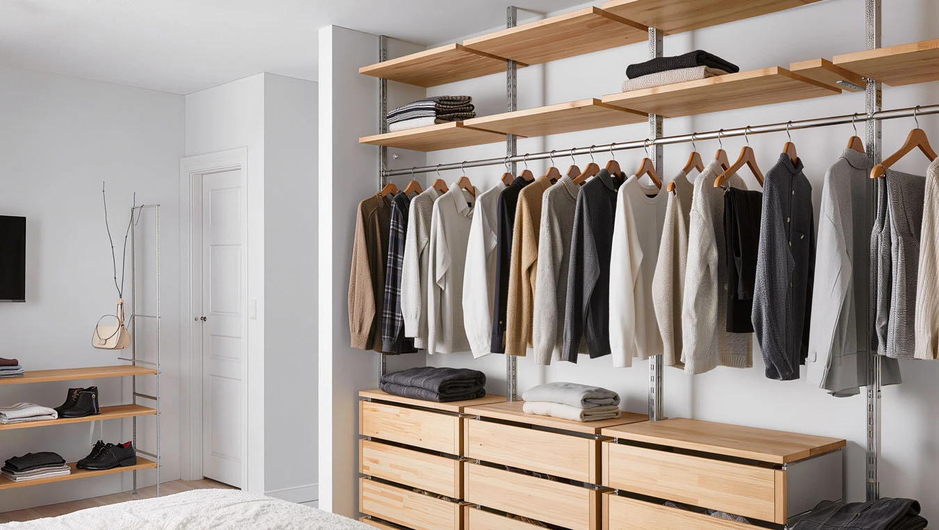 Seasonal & Bulk Storage for renters in a older rental with limited storage closet interior, featuring closet top-shelf storage bins. Vertical apartment closet storage using overhead bins and lower shoe organization beneath double rods
