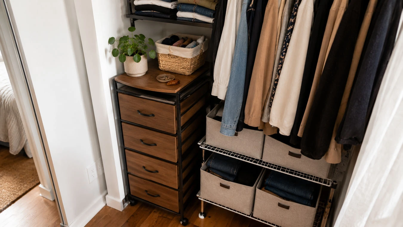 Clothing & wardrobe overflow in a compact 1-bedroom apartment closet interior using rolling drawers