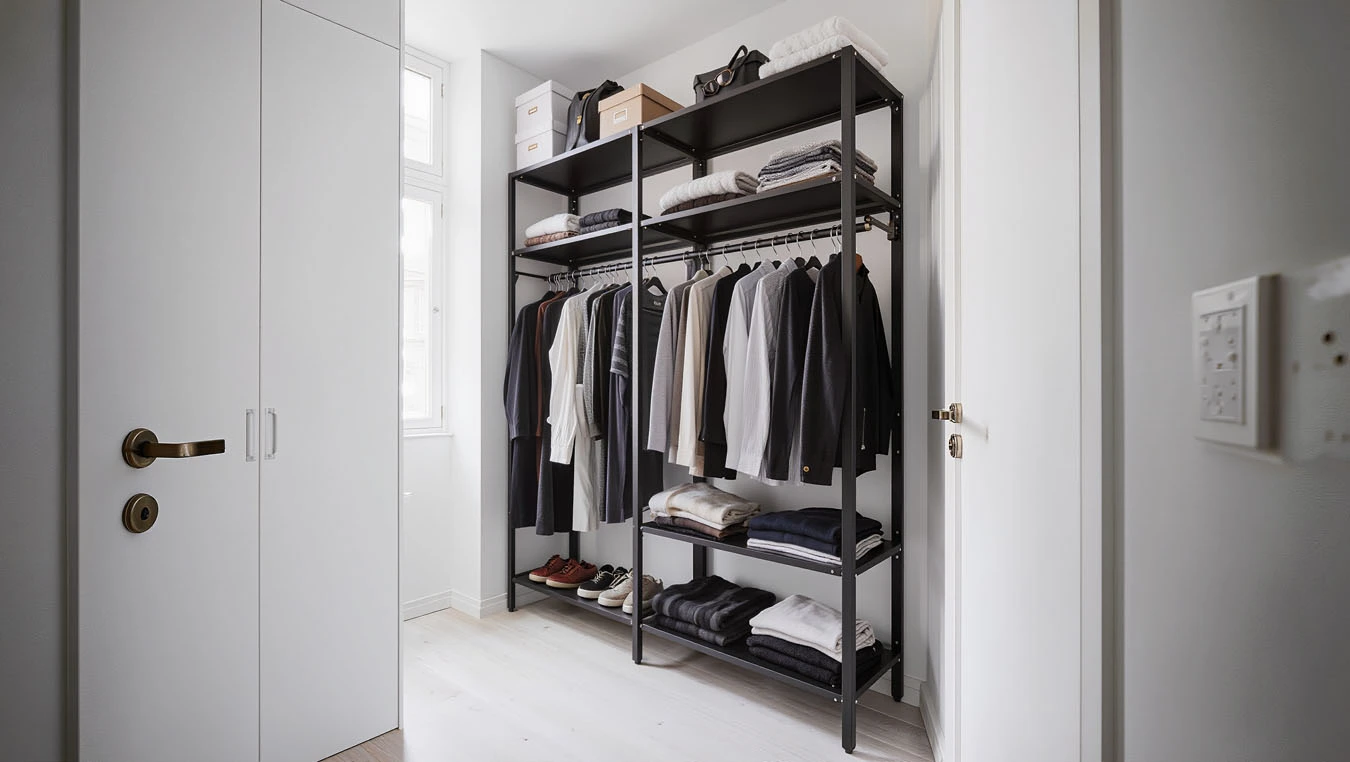 Clothing & wardrobe overflow in a micro-studio (very compact, tight layout) open closet / wardrobe wall using freestanding garment rack with shelves