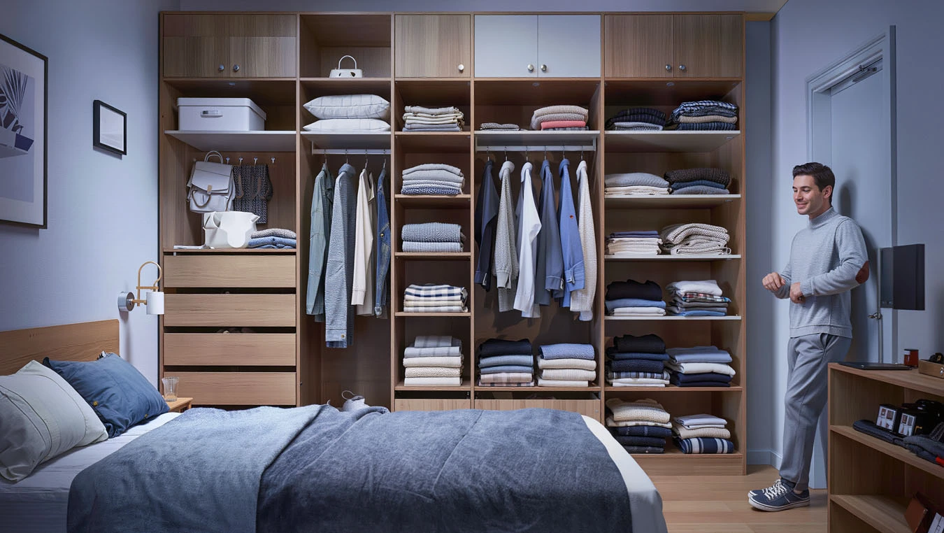 Clothing & wardrobe overflow in a average 1-bedroom rental bedroom using mixed modular system (open + closed)