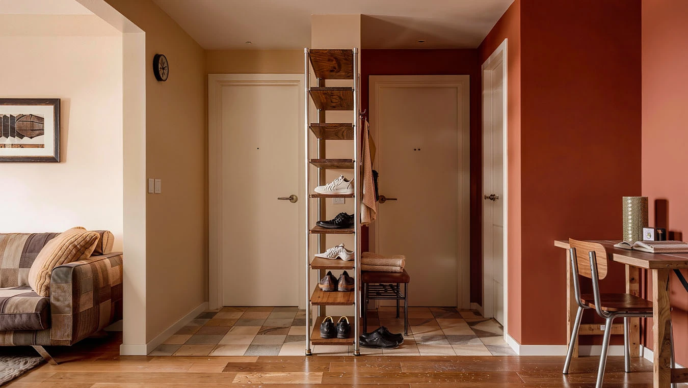 Shoe organization system in a average 1-bedroom rental entryway / hallway using freestanding vertical shelving