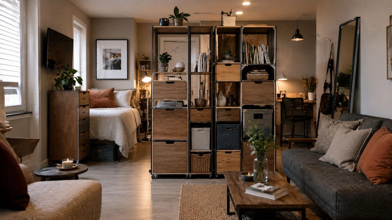 Room divider + storage in a micro-studio (very compact, tight layout) studio apartment main using rolling modular storage units