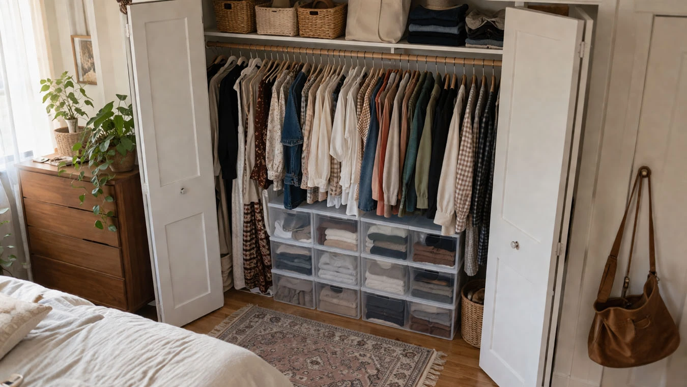 Clothing & wardrobe overflow in a average 1-bedroom rental closet interior using stackable clear storage boxes