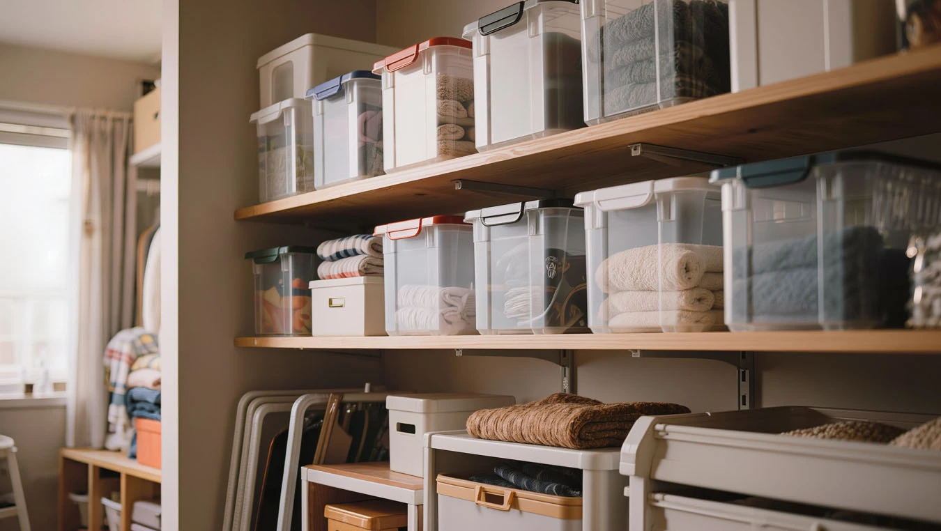 Seasonal & bulk storage in a older rental with limited storage closet interior using closet top-shelf storage bins