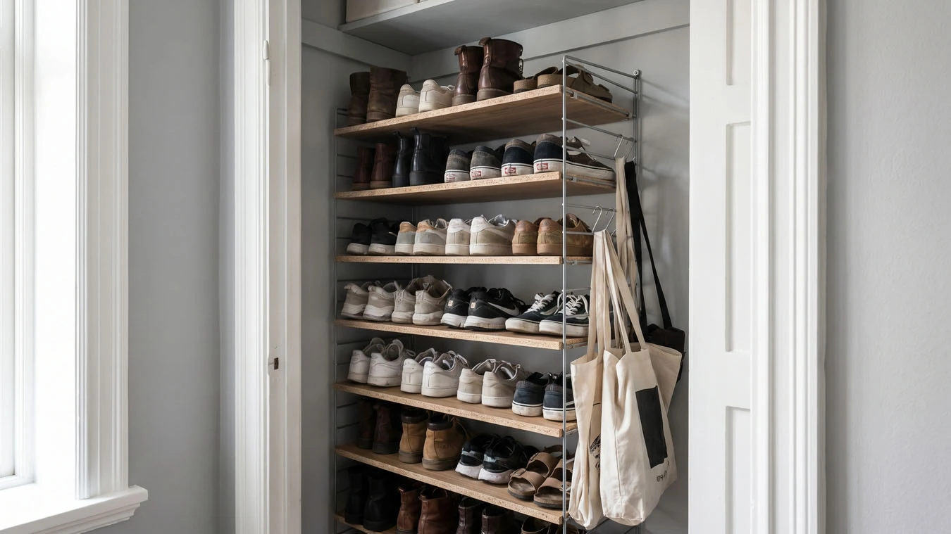 Shoe organization system in a compact 1-bedroom apartment closet interior using tiered shoe rack
