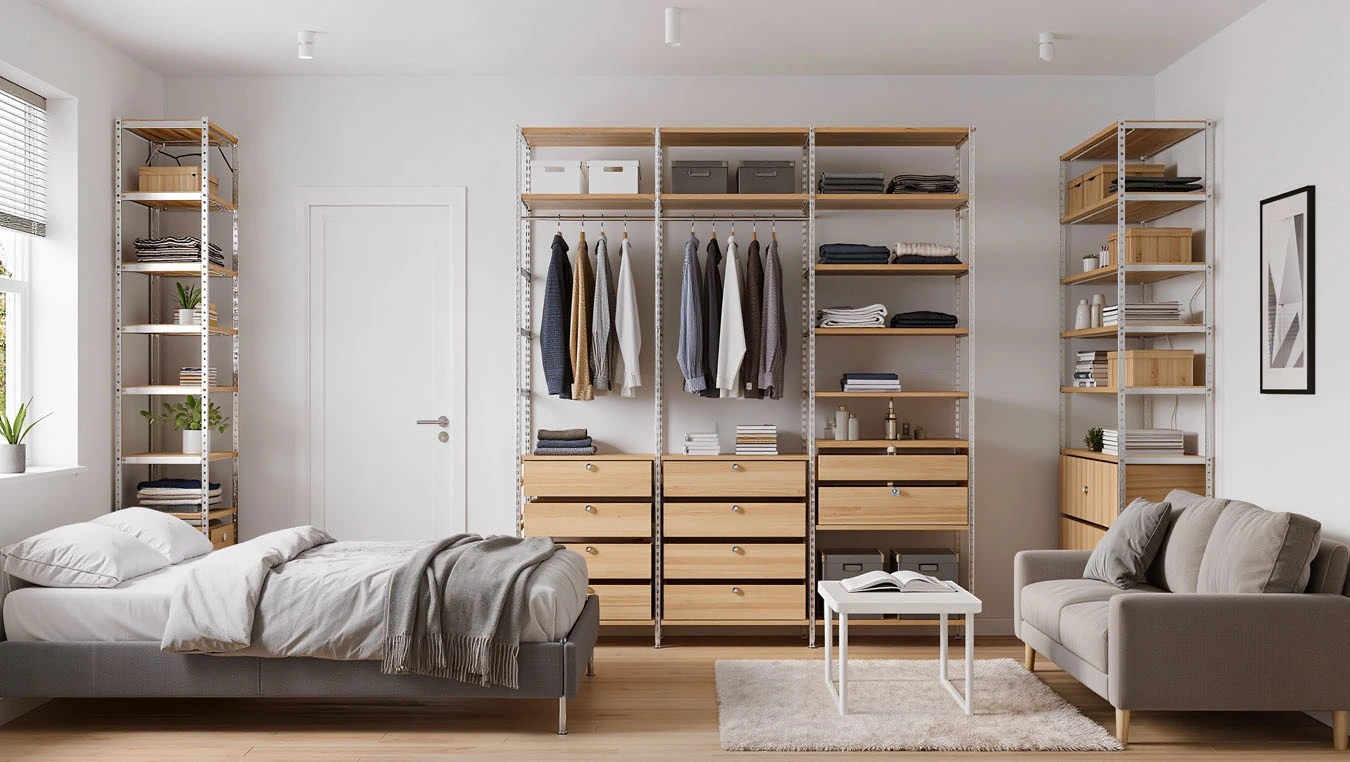 Rental-friendly wall storage in a compact 1-bedroom apartment open closet / wardrobe wall using mixed modular system (open + closed)