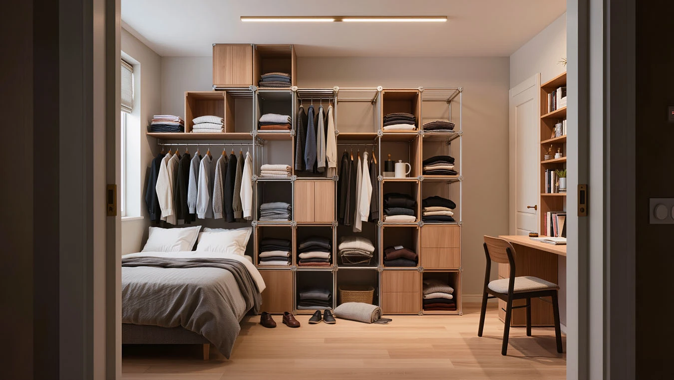 Clothing & wardrobe overflow in a open-concept small apartment bedroom using stacked cube organizers