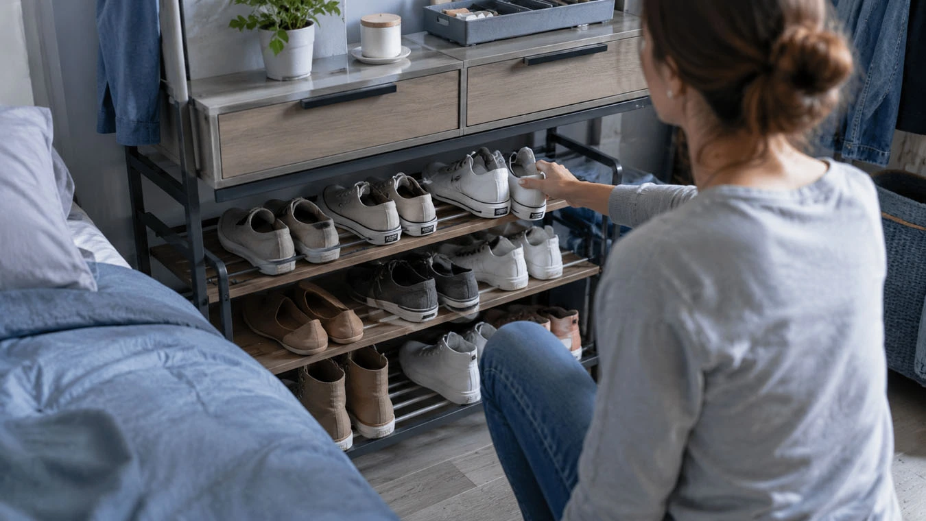 Shoe organization system in a compact 1-bedroom apartment bedroom using tiered shoe rack