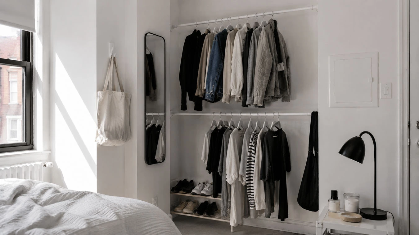 Clothing & wardrobe overflow in a small studio apartment closet interior using expandable closet rods