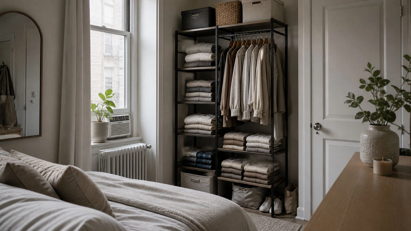 Clothing & wardrobe overflow in a average 1-bedroom rental bedroom using freestanding vertical shelving