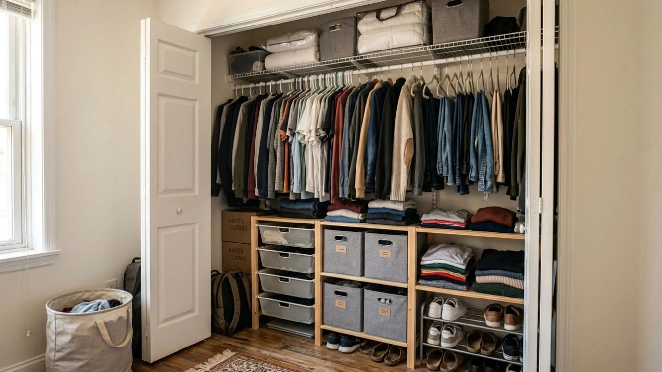 Clothing & wardrobe overflow in a average 1-bedroom rental closet interior using mixed modular system (open + closed)