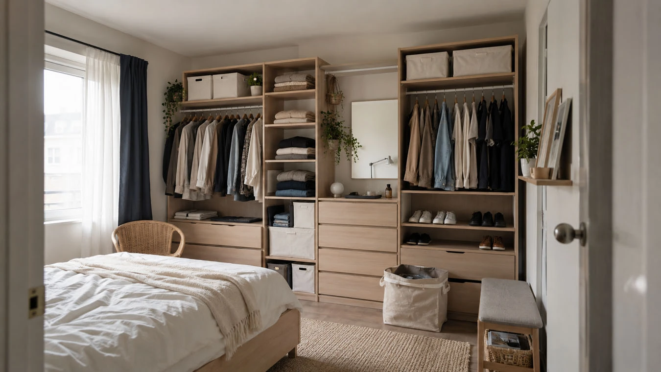 Clothing & wardrobe overflow in a open-concept small apartment open closet / wardrobe wall using mixed modular system (open + closed)