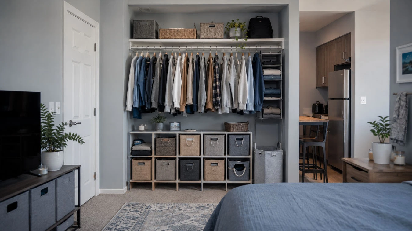 Decorative + functional hybrid storage in a average 1-bedroom rental open closet / wardrobe wall using stacked cube organizers