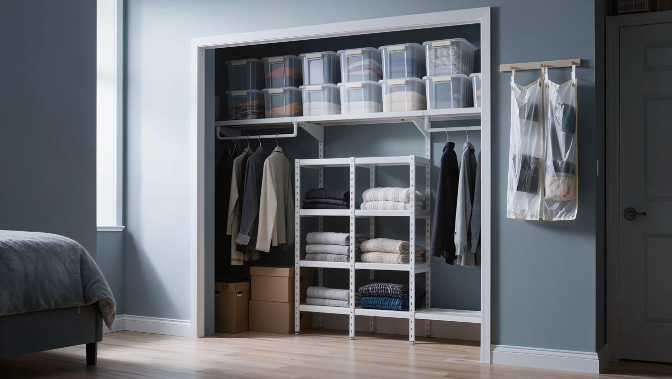 Seasonal & bulk storage in a small studio apartment closet interior using closet top-shelf storage bins