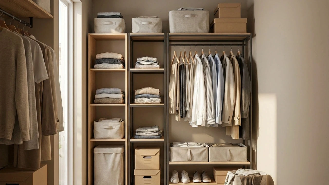 Clothing & wardrobe overflow in a compact 1-bedroom apartment closet interior using mixed modular system (open + closed)
