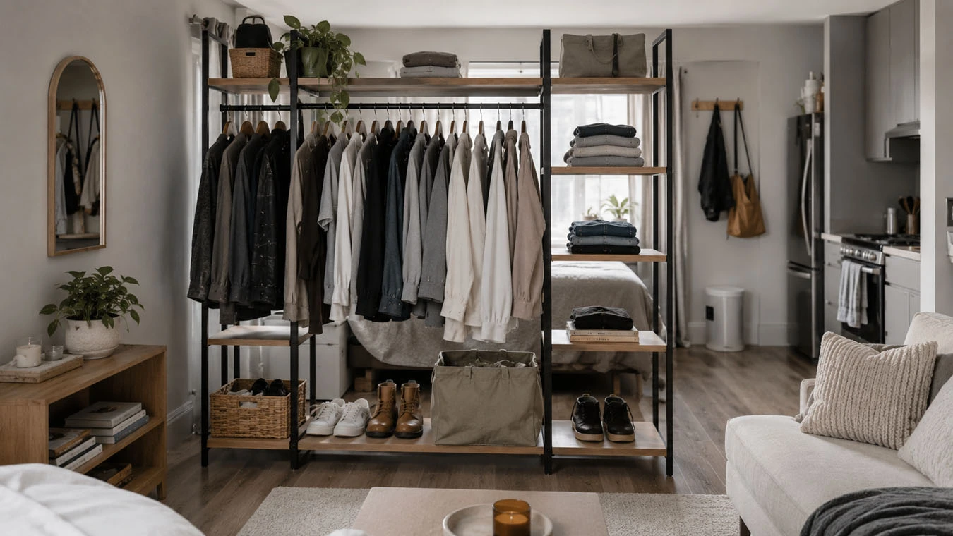 Clothing & wardrobe overflow in a open-concept small apartment studio apartment main using freestanding garment rack with shelves
