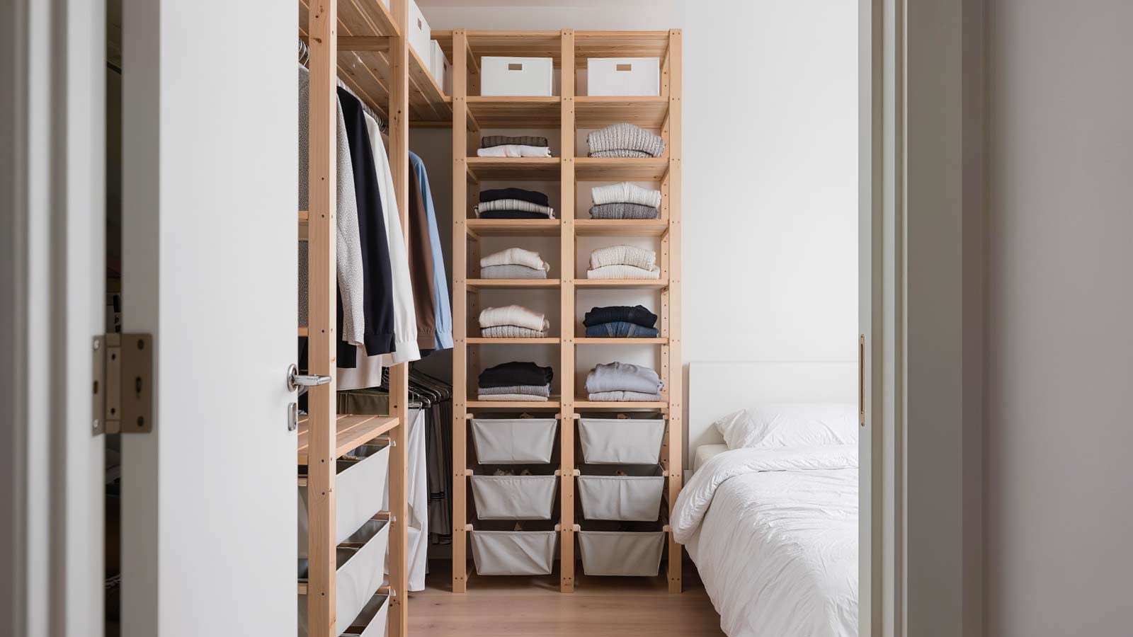 Compact 1-bedroom apartment closet interior featuring open shelving with fabric bins for clothing and wardrobe overflow storage