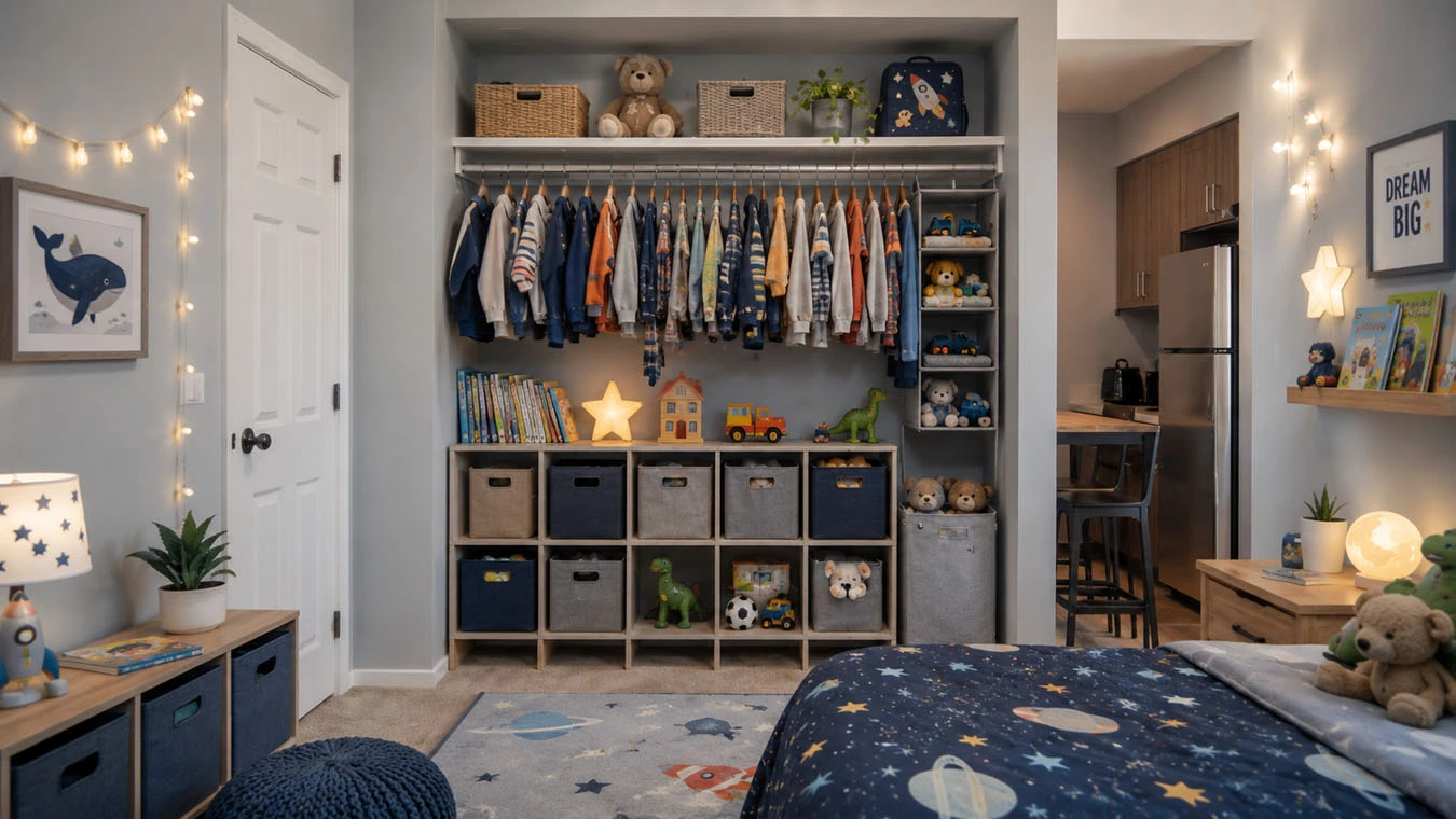 Organized kids closet in a small apartment featuring space-saving clothing and toy storage solutions