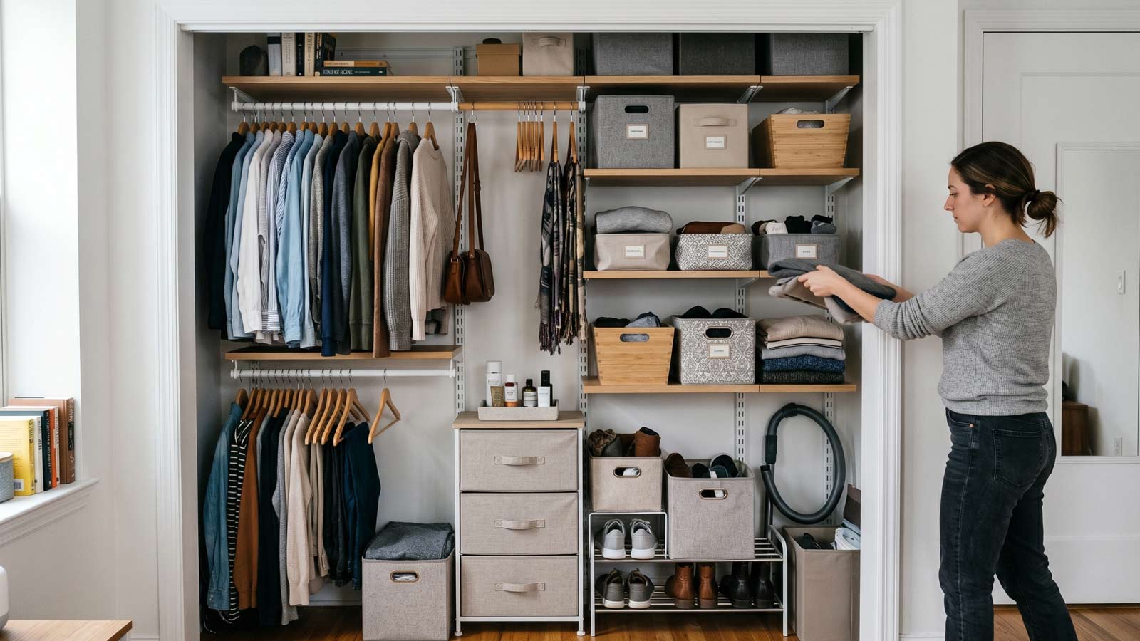 Small apartment bedroom closet featuring a basic closet rod and shelf used for organized clothing storage