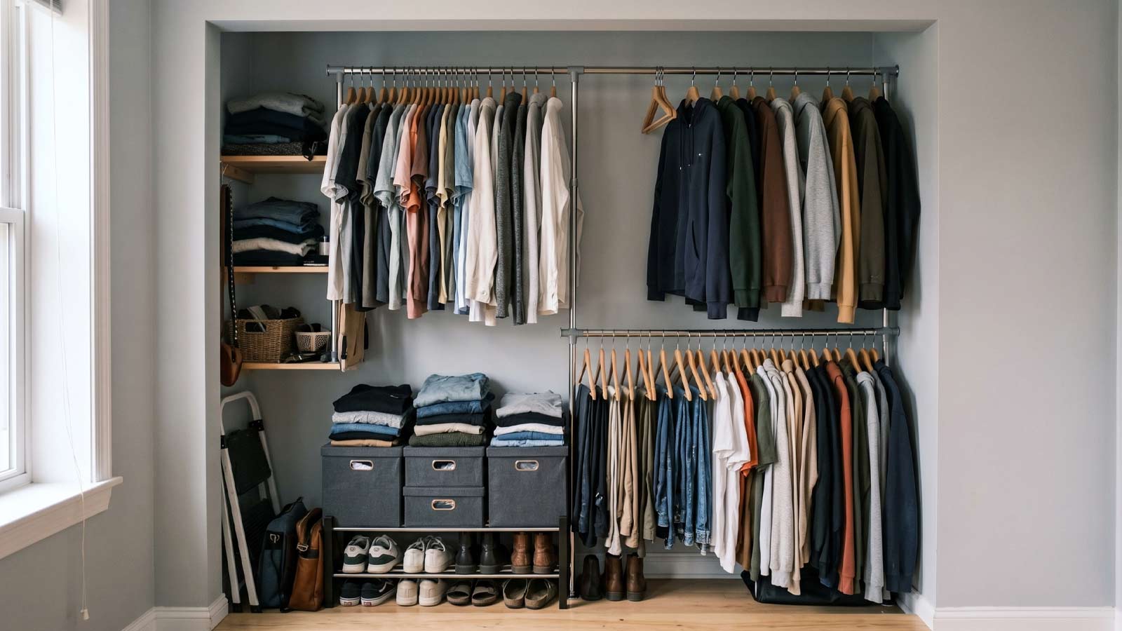 Compact 1-bedroom apartment closet interior featuring expandable closet rods used for clothing and wardrobe overflow storage