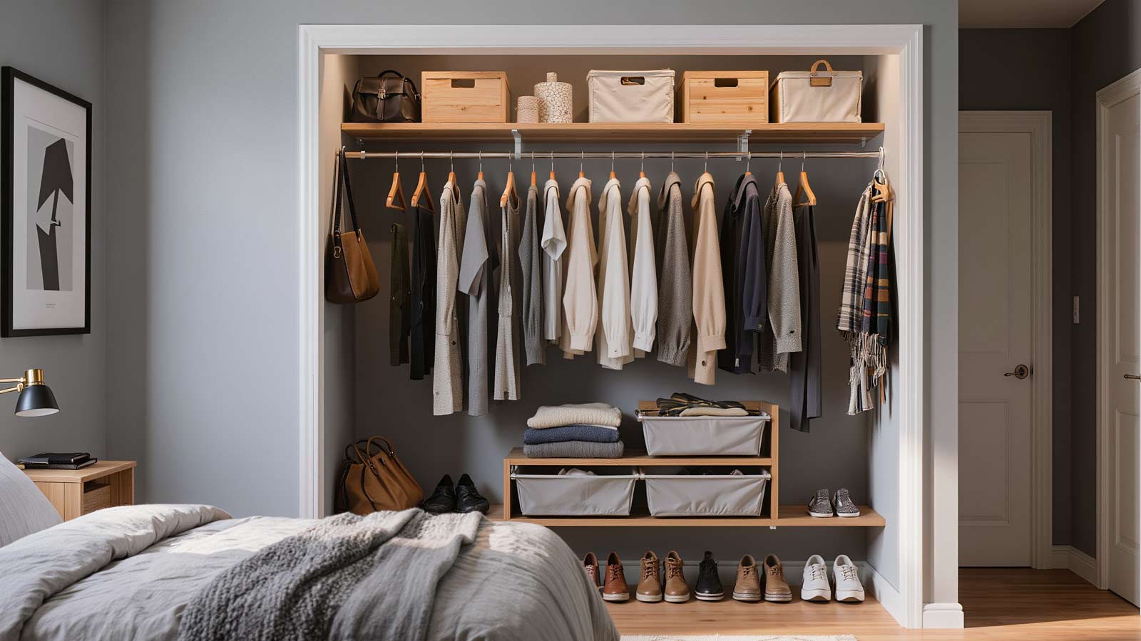 Compact 1-bedroom apartment closet interior featuring top shelf storage bins used for clothing and wardrobe overflow organization